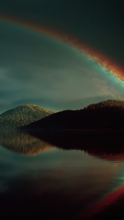 rainbow gradient wallpaper, lakeside, sunset colors, background for mobile wallpaper (vertical)
