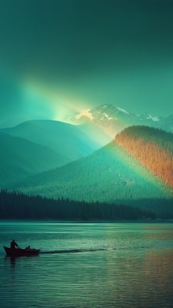 twilight scenery wallpaper, lakeside, dramatic clouds, background for mobile wallpaper (vertical)