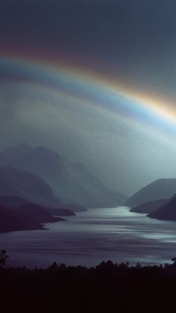 lakeside view wallpaper, glow, atmospheric landscape, background for mobile wallpaper (vertical)