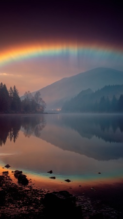 peaceful waters wallpaper, night scene, rainbow lake, background for mobile wallpaper (vertical)