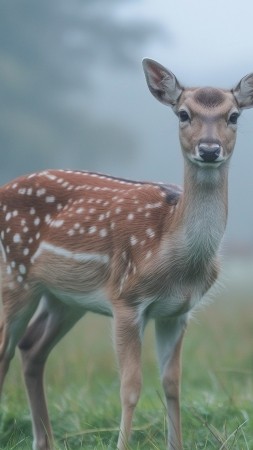 deer wallpaper, misty meadow, tranquil scene, background for mobile wallpaper (vertical)