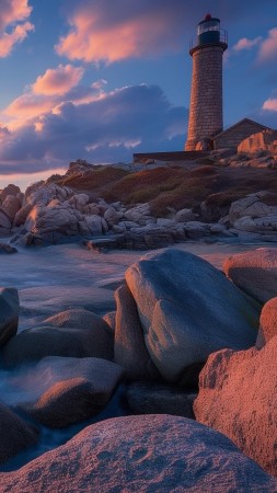 lighthouse wallpaper, sea, coastal rocks, background for mobile wallpaper (vertical)