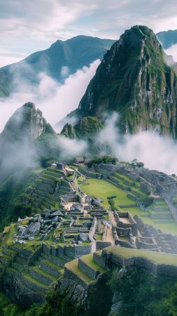 Machu Picchu wallpaper, mountains, ancient ruins, background for mobile wallpaper (vertical)