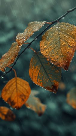 Leaves wallpaper, raindrops, 5k resolution, background for mobile wallpaper (vertical)
