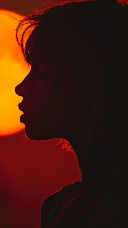 girl wallpaper, moon, red, background for mobile wallpaper (vertical)