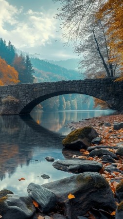 autumn forest wallpaper, rocks, bridge, background for mobile wallpaper (vertical)