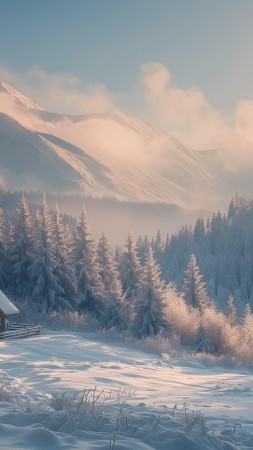 winter forest wallpaper, snow-covered house, serene atmosphere, background for mobile wallpaper (vertical)
