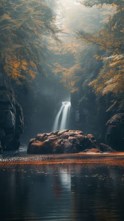 Autumn forest wallpaper, vibrant foliage, river, background for mobile wallpaper (vertical)