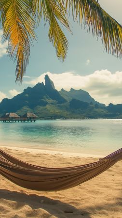 Bora Bora wallpaper, serene oasis, coconut palm shores, background for mobile wallpaper (vertical)