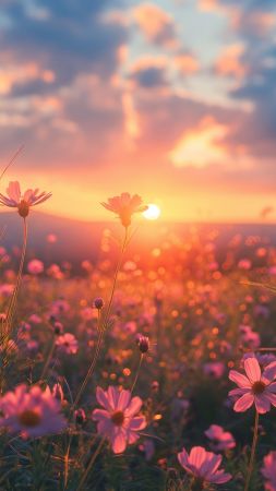 sky wallpaper, vibrant flowers, colorful horizon, background for mobile wallpaper (vertical)