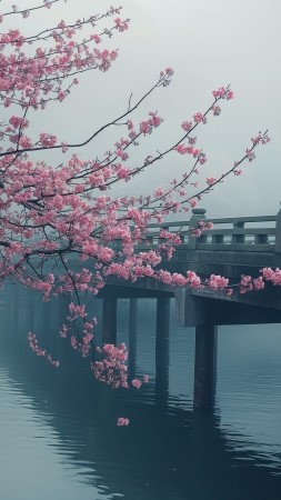 Japan wallpaper, river, sakura, background for mobile wallpaper (vertical)