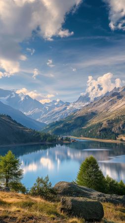 Ceresole Reale wallpaper, tranquil lake, Italy landscape, background for mobile wallpaper (vertical)