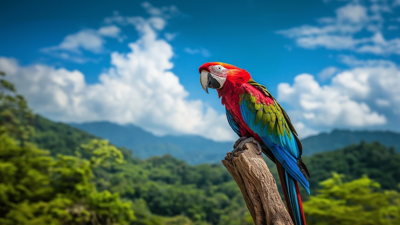 macaw parrot wallpaper, fluffy cloud, lush rainforest, background for desktop wallpaper (horizontal)