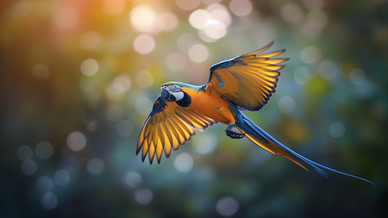flying parrot wallpaper, bright yellow, exotic pet, background for desktop wallpaper (horizontal)