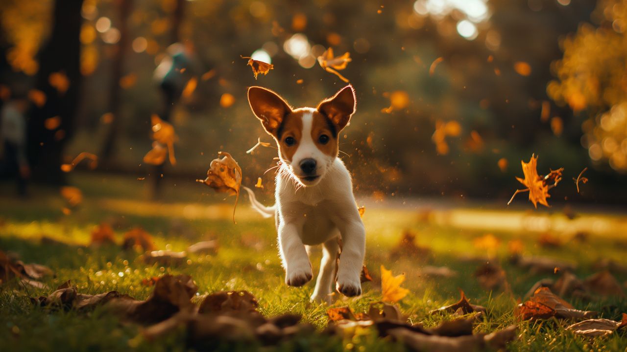 Dog wallpaper, energetic, autumn leaves, background for desktop wallpaper (horizontal)