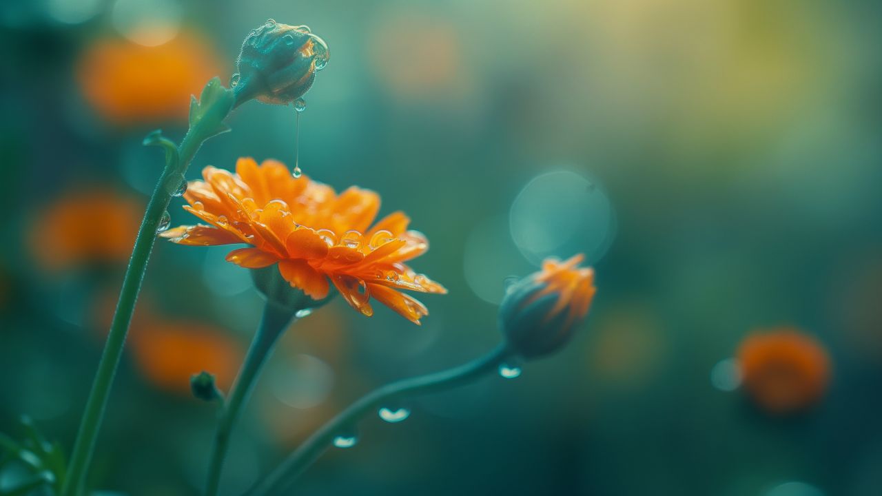 calendula marigold wallpaper, flower, drop, background for desktop wallpaper (horizontal)