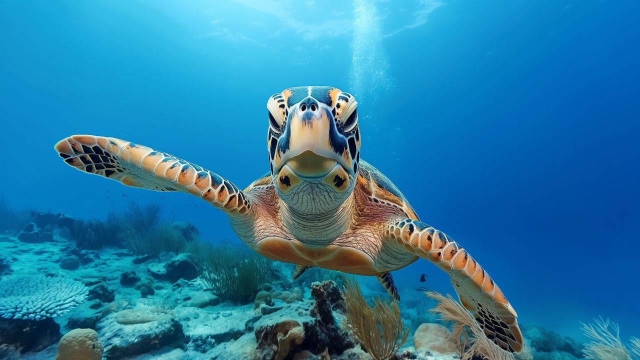 Hawksbill Sea Turtle wallpaper, Atlantic Ocean, vibrant sealife, background for desktop wallpaper (horizontal)