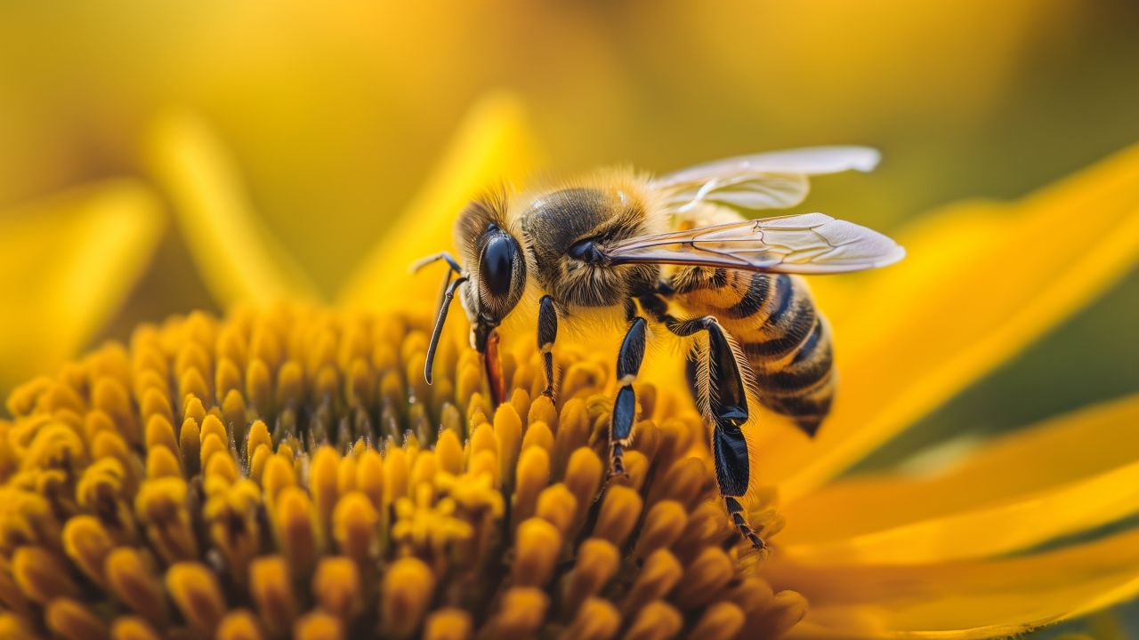 Bee wallpaper, macro, striped, background for desktop wallpaper (horizontal)