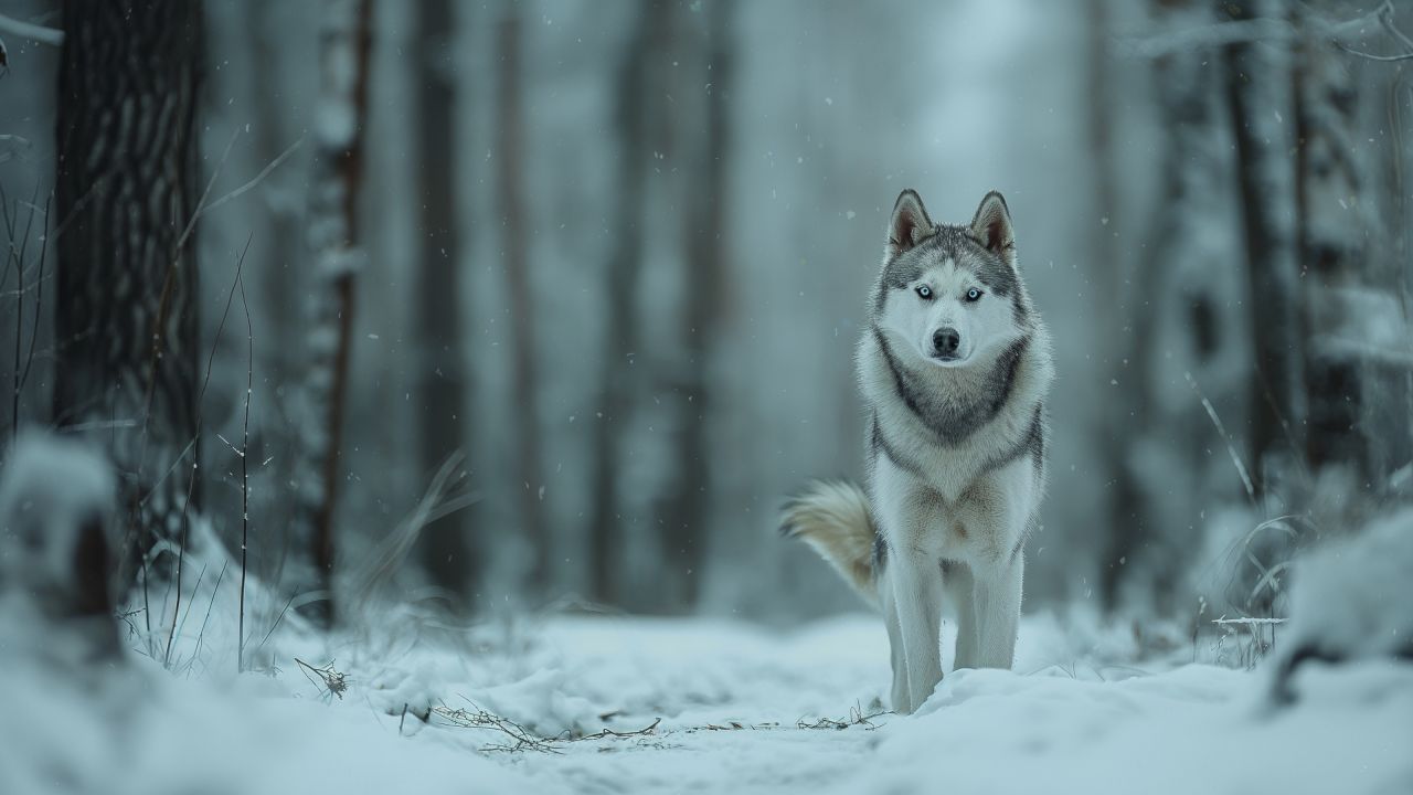 Huskies wallpaper, snow, forest, background for desktop wallpaper (horizontal)
