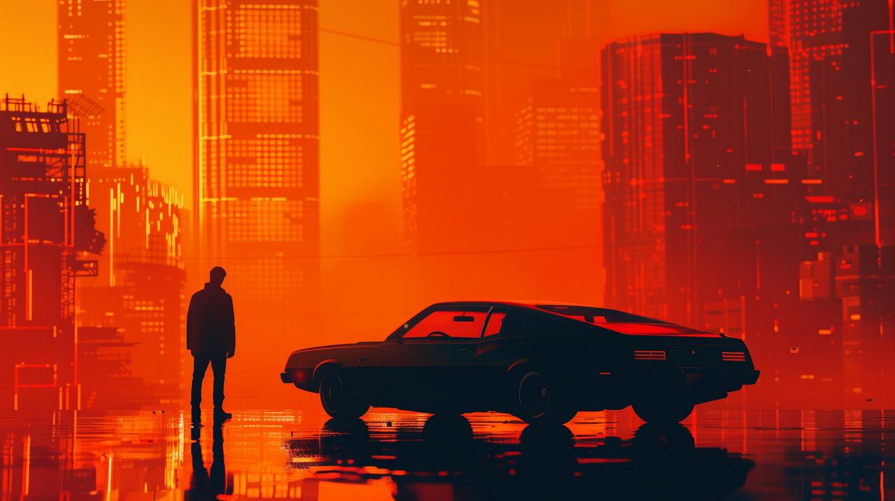 Retrowave wallpaper, synthwave, urban nightlife, background for desktop wallpaper (horizontal)