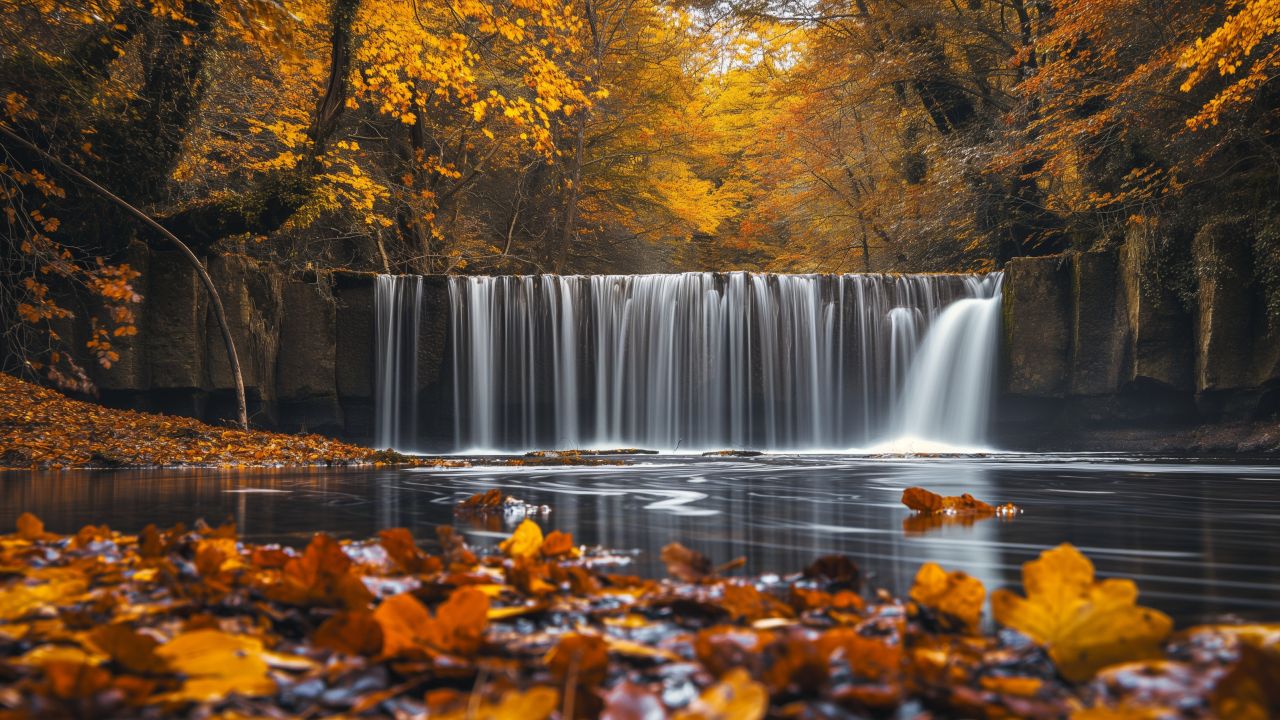 waterfall wallpaper, autumn colors, vibrant leaves, background for desktop wallpaper (horizontal)