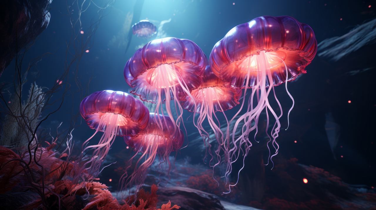 iPhone 15 pro wallpaper, colorful marine life, bioluminescent jellyfish, background for desktop wallpaper (horizontal)
