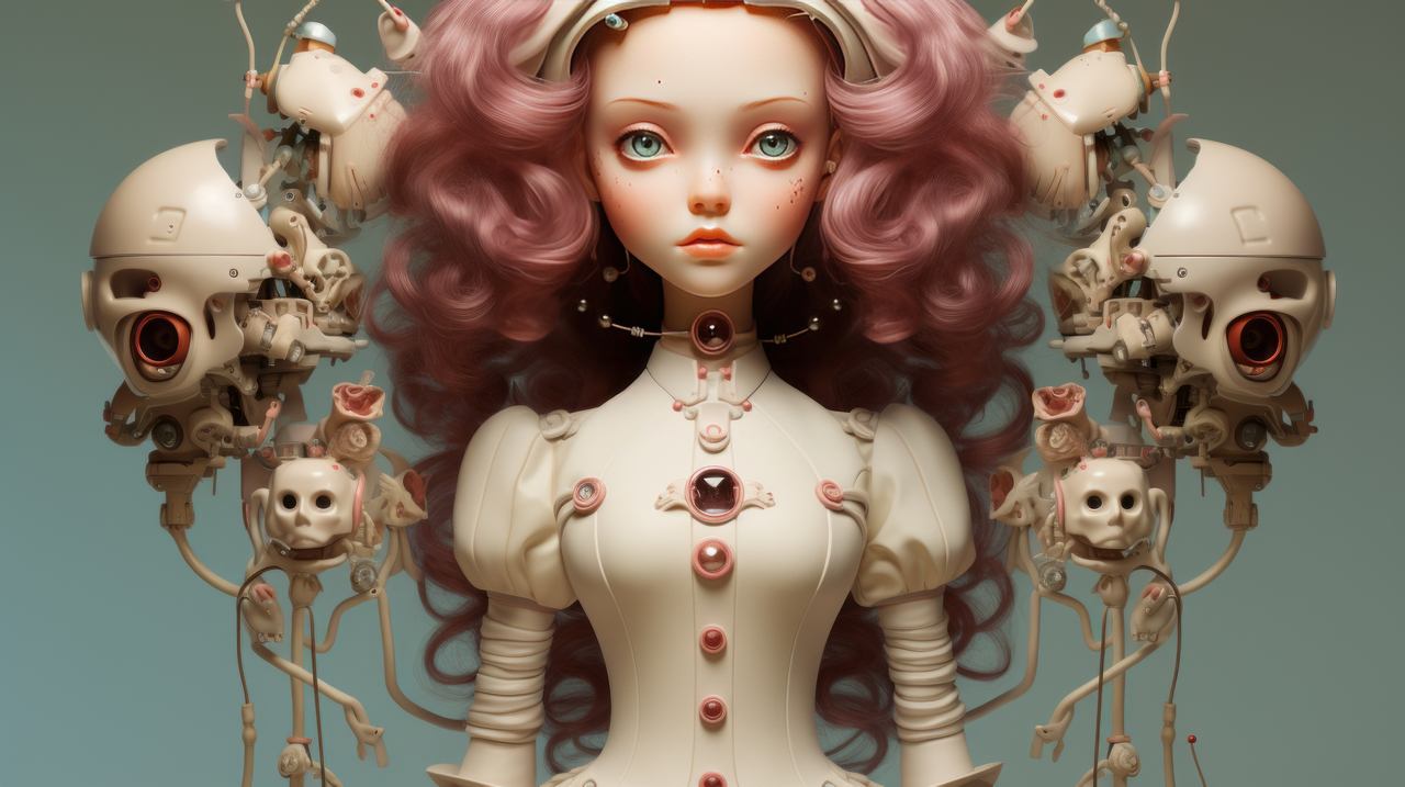 doll robot anatomy wallpaper, mechanical design, futuristic robot, background for desktop wallpaper (horizontal)
