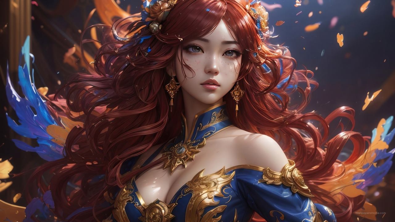 anime girl wallpaper, vibrant red hair, enchanting character, background for desktop wallpaper (horizontal)