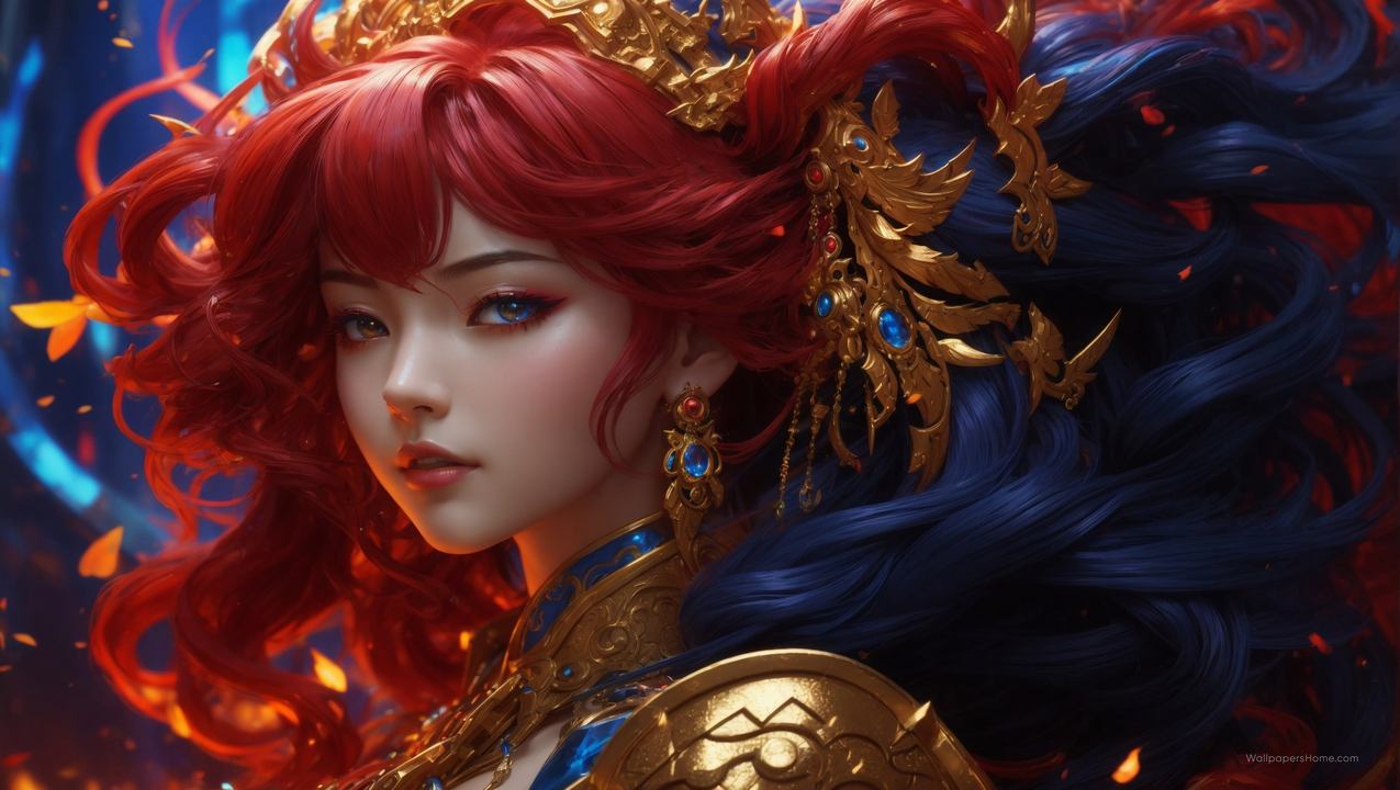 anime girl wallpaper, red-haired character, mystical setting, background for desktop wallpaper (horizontal)