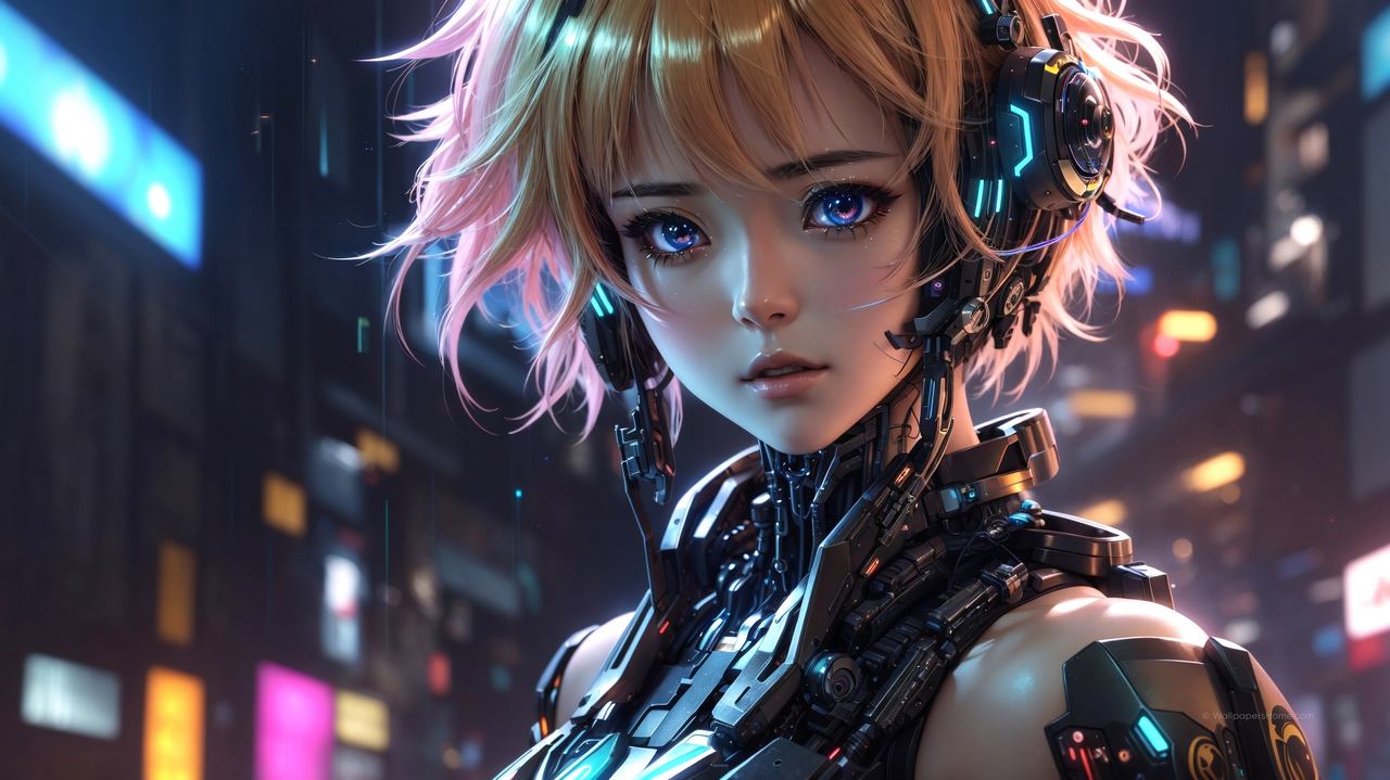 anime girl wallpaper, neon lights, cybernetic enhancements, background for desktop wallpaper (horizontal)