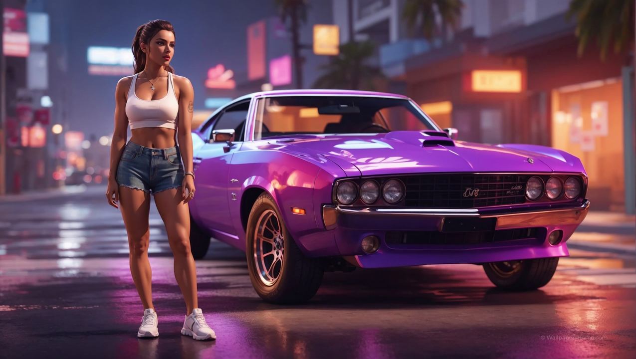 female character wallpaper, urban scenery, muscle vehicle, background for desktop wallpaper (horizontal)
