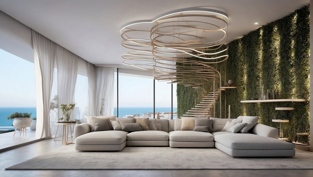 modern interior wallpaper, sleek furnishings, stylish ambiance, background for desktop wallpaper (horizontal)