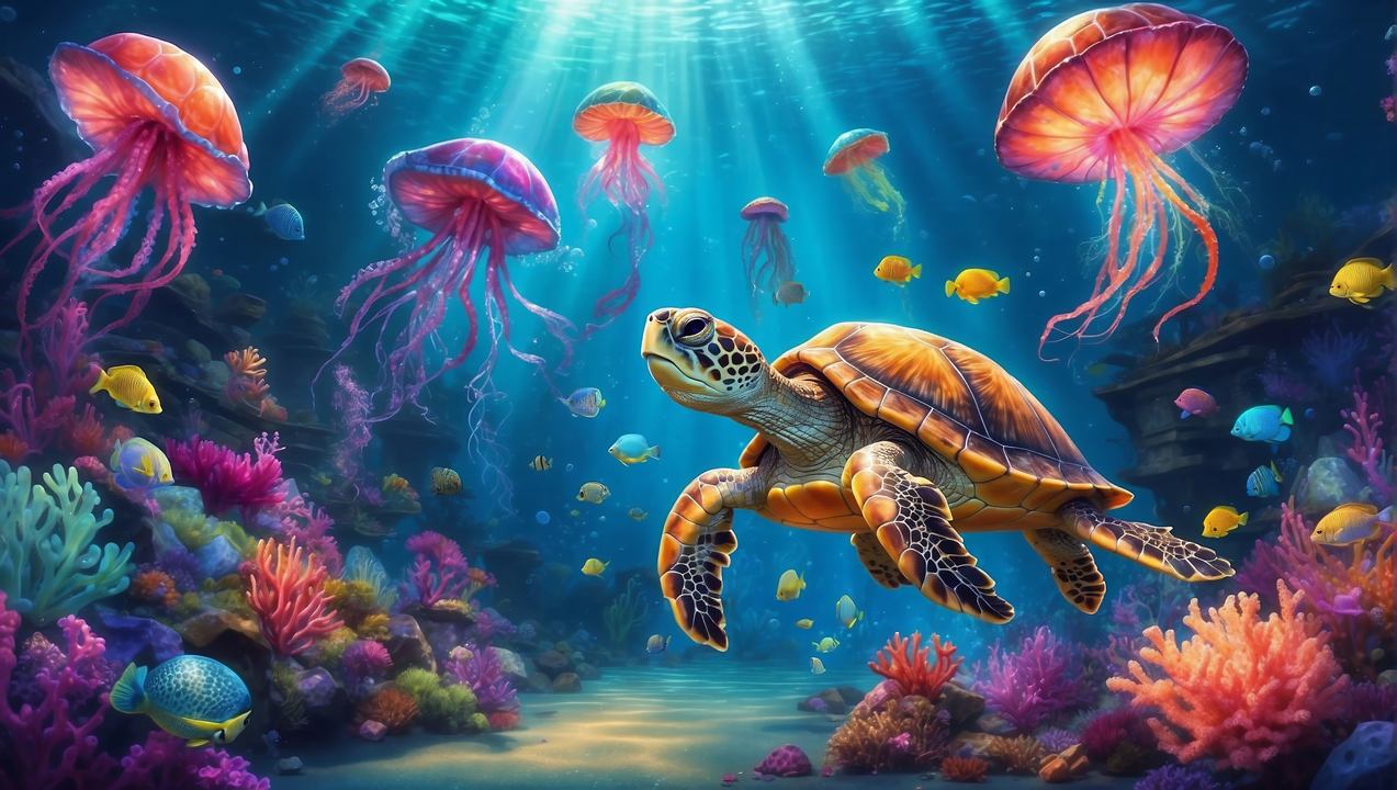 underwater wallpaper, turtle, sea creatures, background for desktop wallpaper (horizontal)