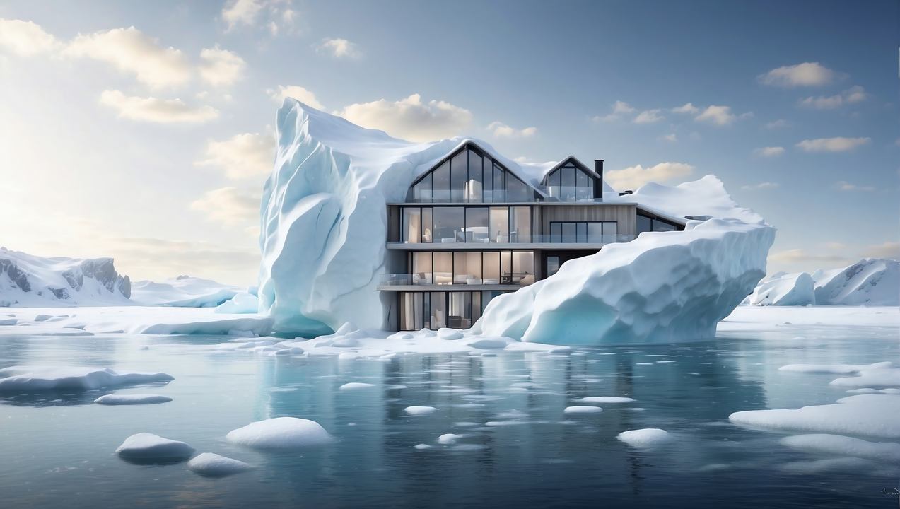 Modern House wallpaper, winter wonderland, minimalist design, background for desktop wallpaper (horizontal)