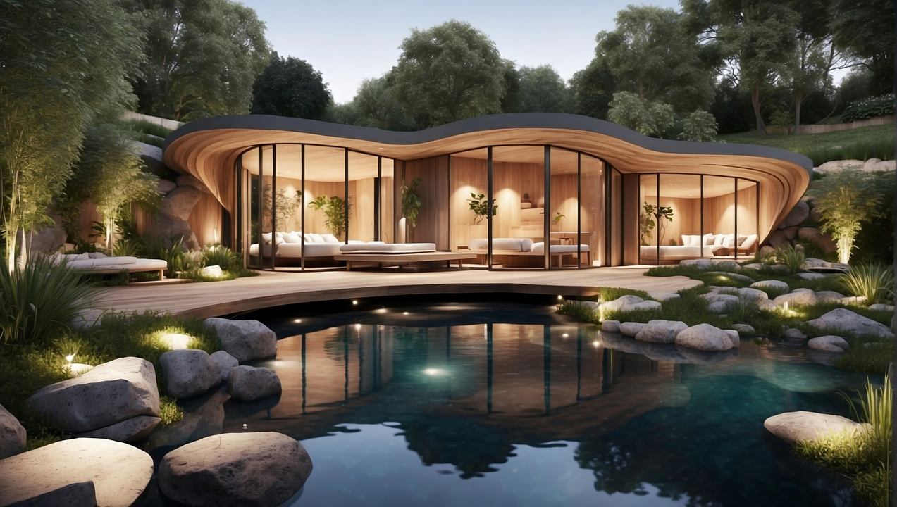 Modern House wallpaper, swimming pool, minimalist style, background for desktop wallpaper (horizontal)