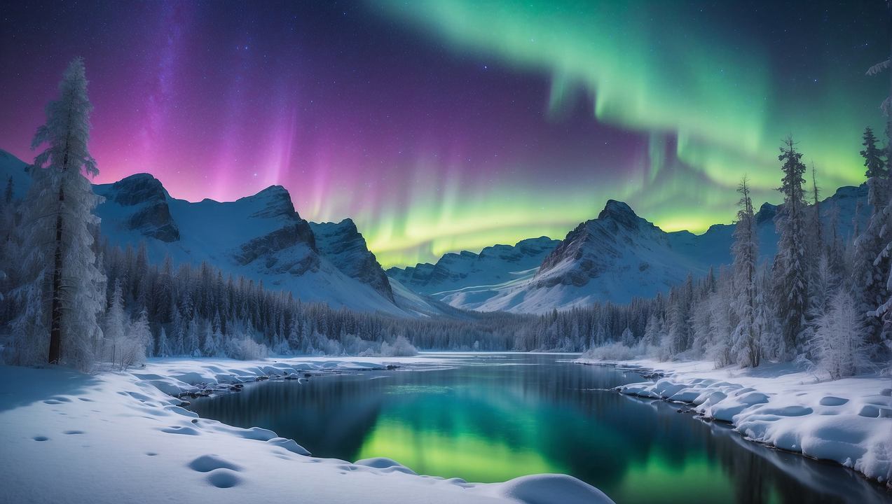 mountains wallpaper, winter, aurora borealis, background for desktop wallpaper (horizontal)