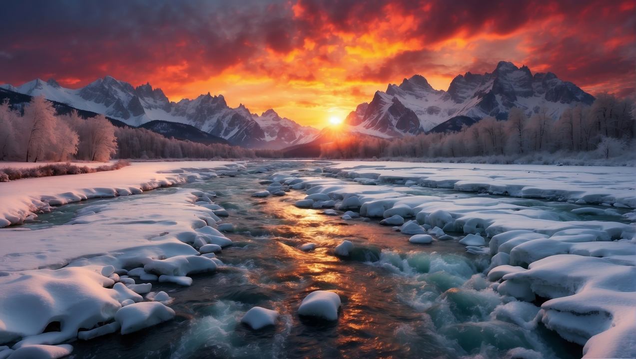 mountains wallpaper, snowy peaks, evening glow, background for desktop wallpaper (horizontal)