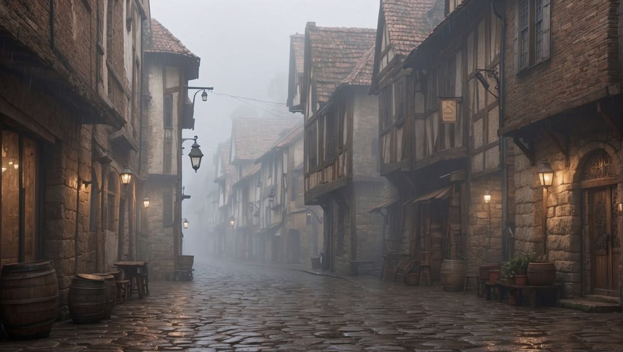 rain wallpaper, wet pavement, residential area, background for desktop wallpaper (horizontal)