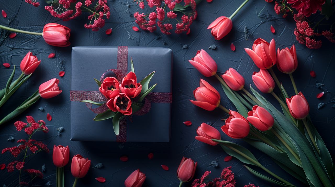 gift wallpaper, dark blooms, bouquet, background for desktop wallpaper (horizontal)