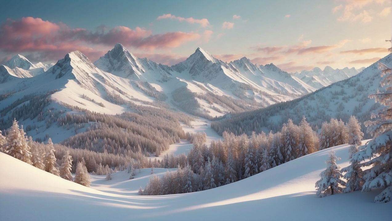 mountains wallpaper, evergreen forest, snow-covered peaks, background for desktop wallpaper (horizontal)