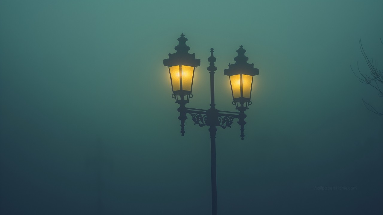 Street lamp in the fog wallpaper, misty atmosphere, nighttime haze, background for desktop wallpaper (horizontal)