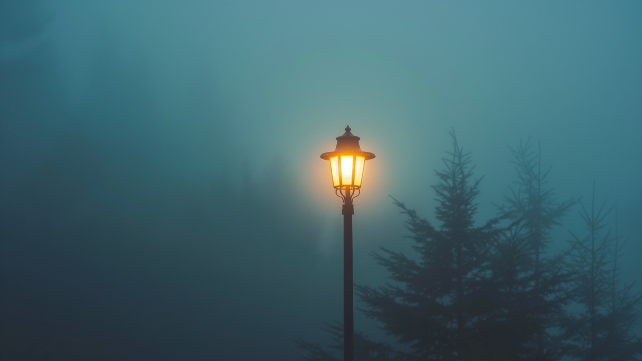 Street lamp in the fog wallpaper, soft light, urban scenery, background for desktop wallpaper (horizontal)