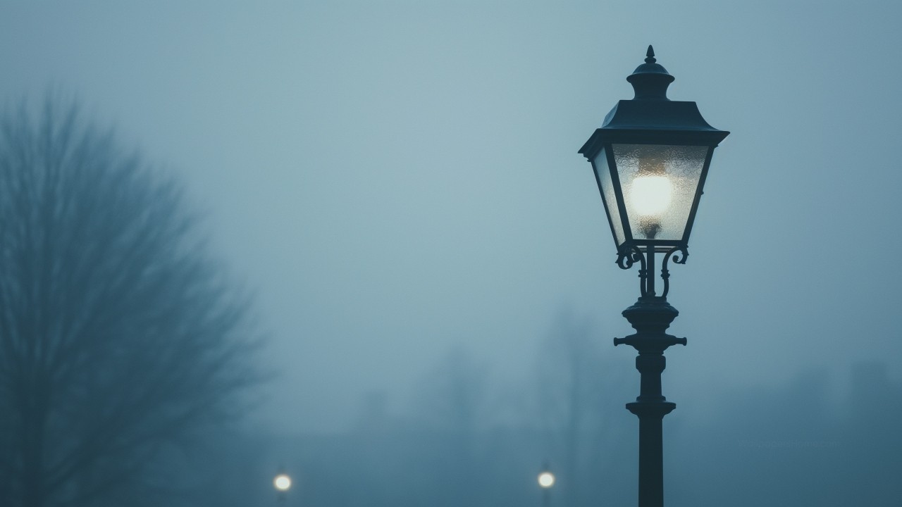 Street lamp in the fog wallpaper, misty atmosphere, soft glow, background for desktop wallpaper (horizontal)
