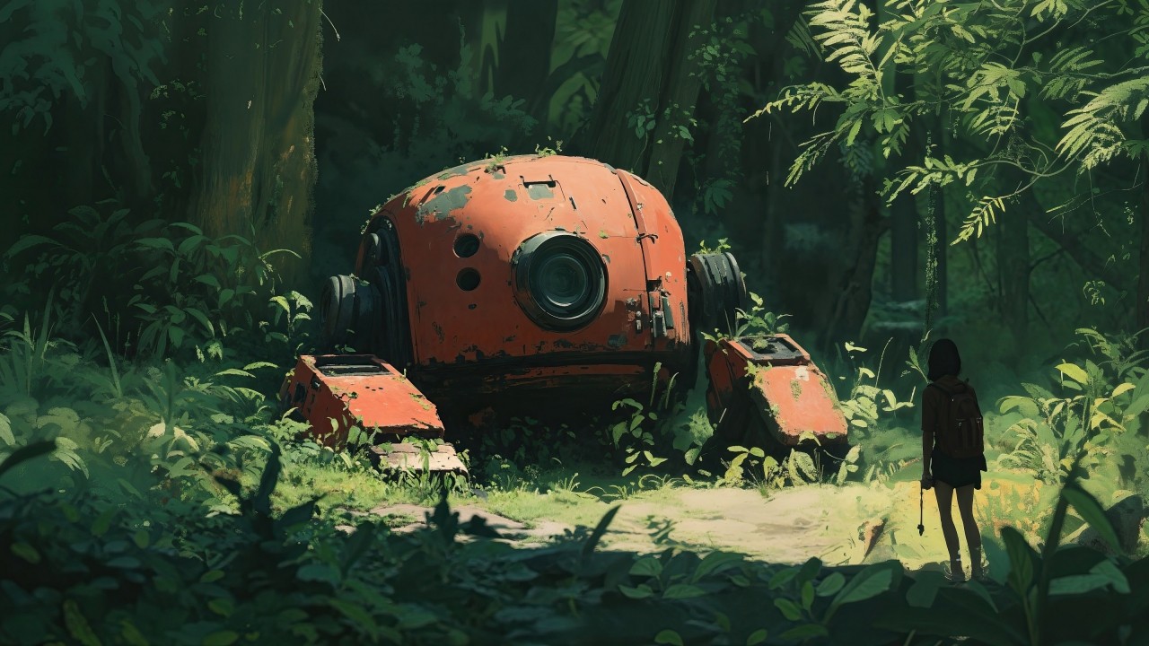 Robot wallpaper, overgrown, wilderness, background for desktop wallpaper (horizontal)