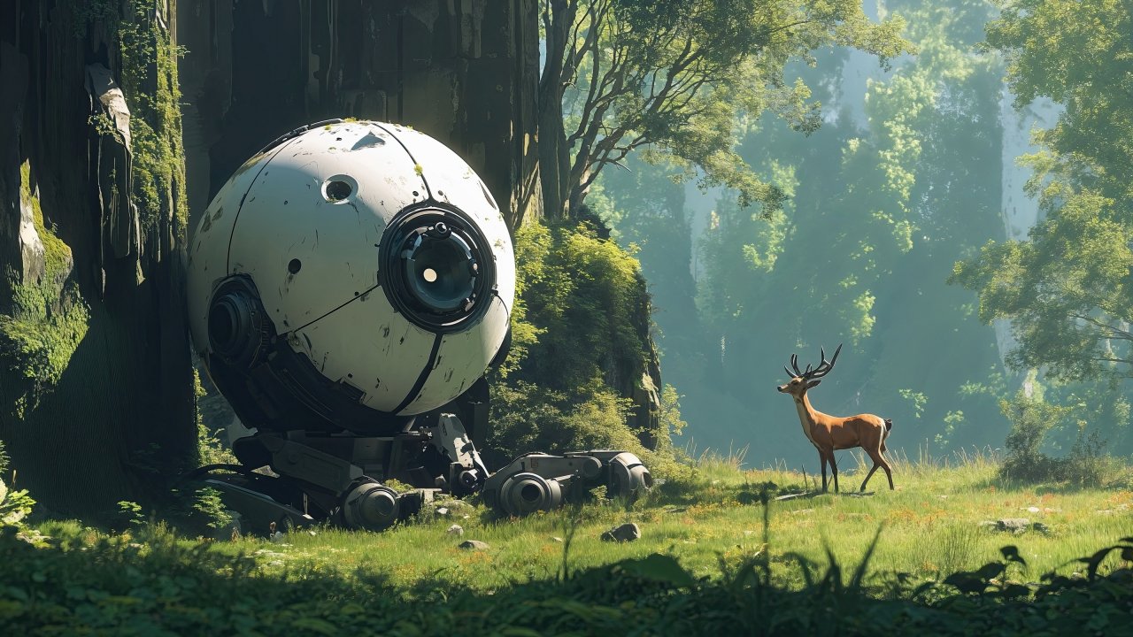 Robot wallpaper, overgrown, lost, background for desktop wallpaper (horizontal)