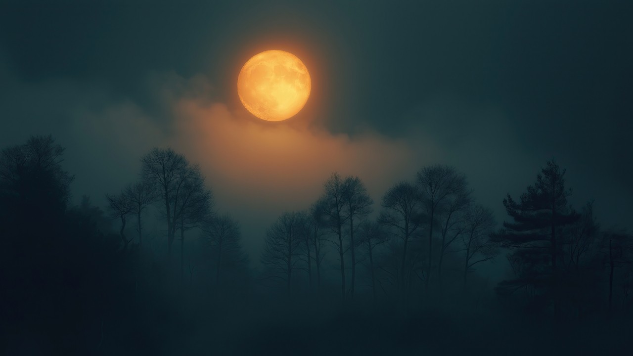 Halloween night wallpaper, full moon, dark clouds, background for desktop wallpaper (horizontal)