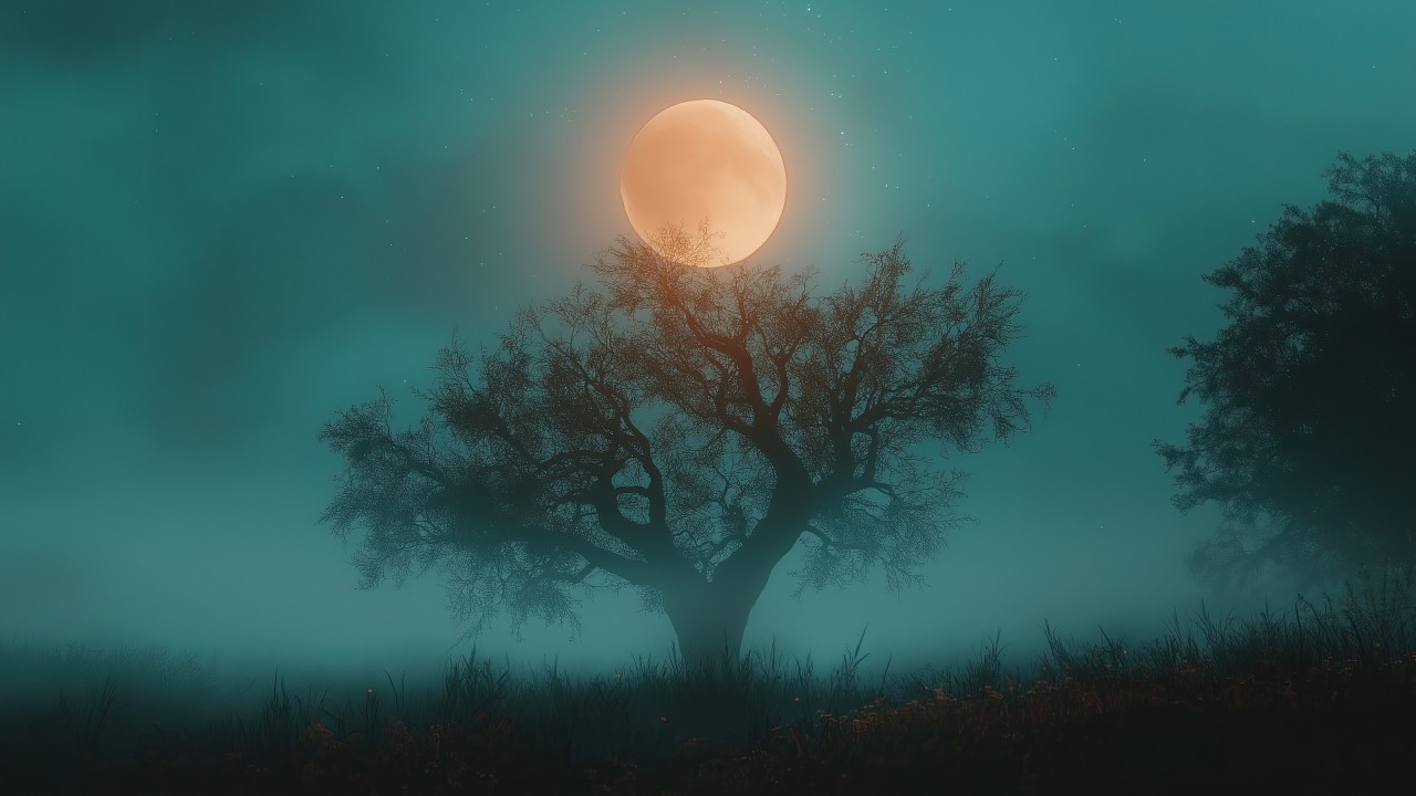 Halloween night wallpaper, moonlit, chilling, background for desktop wallpaper (horizontal)