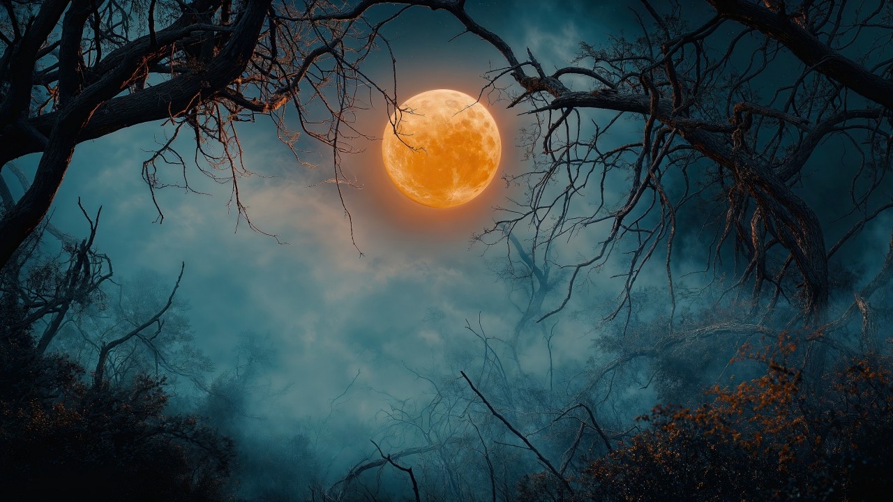 Halloween night wallpaper, ghostly, spooky atmosphere, background for desktop wallpaper (horizontal)