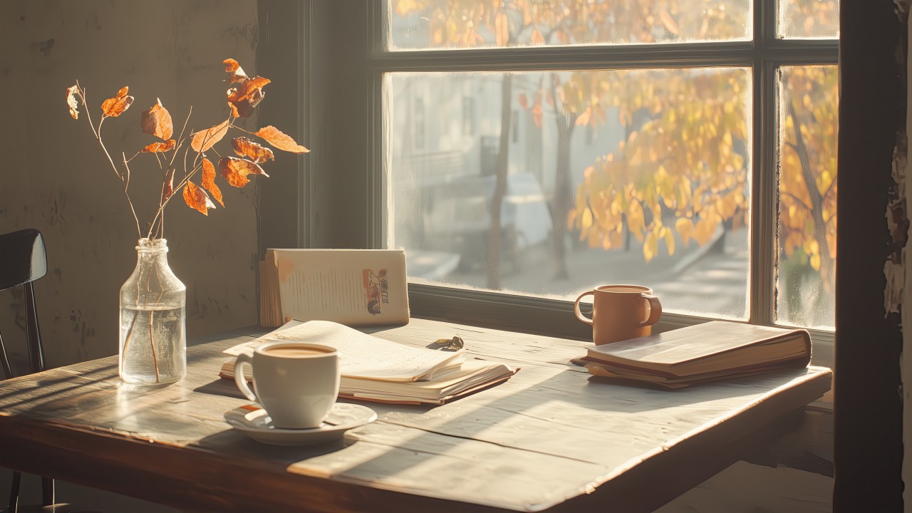 autumn wallpaper, cozy home, warm beverages, background for desktop wallpaper (horizontal)