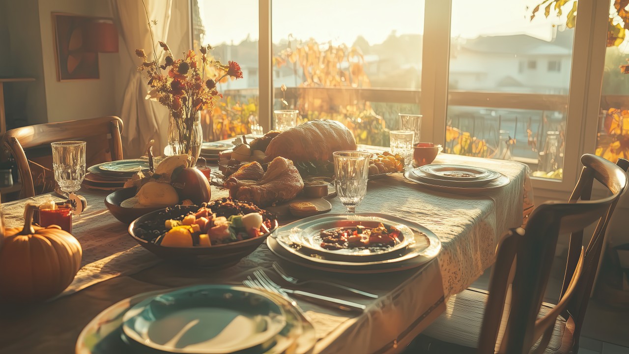 thanksgiving meal wallpaper, rustic, family gathering, background for desktop wallpaper (horizontal)